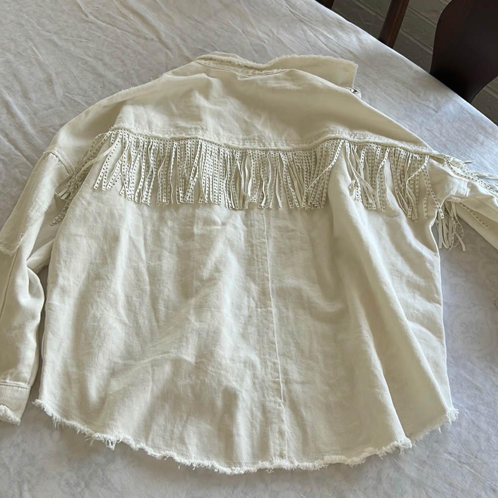 Veveret White Fringe Rhinestone Denim Tassel Jacket Size Large - Picture 14 of 16